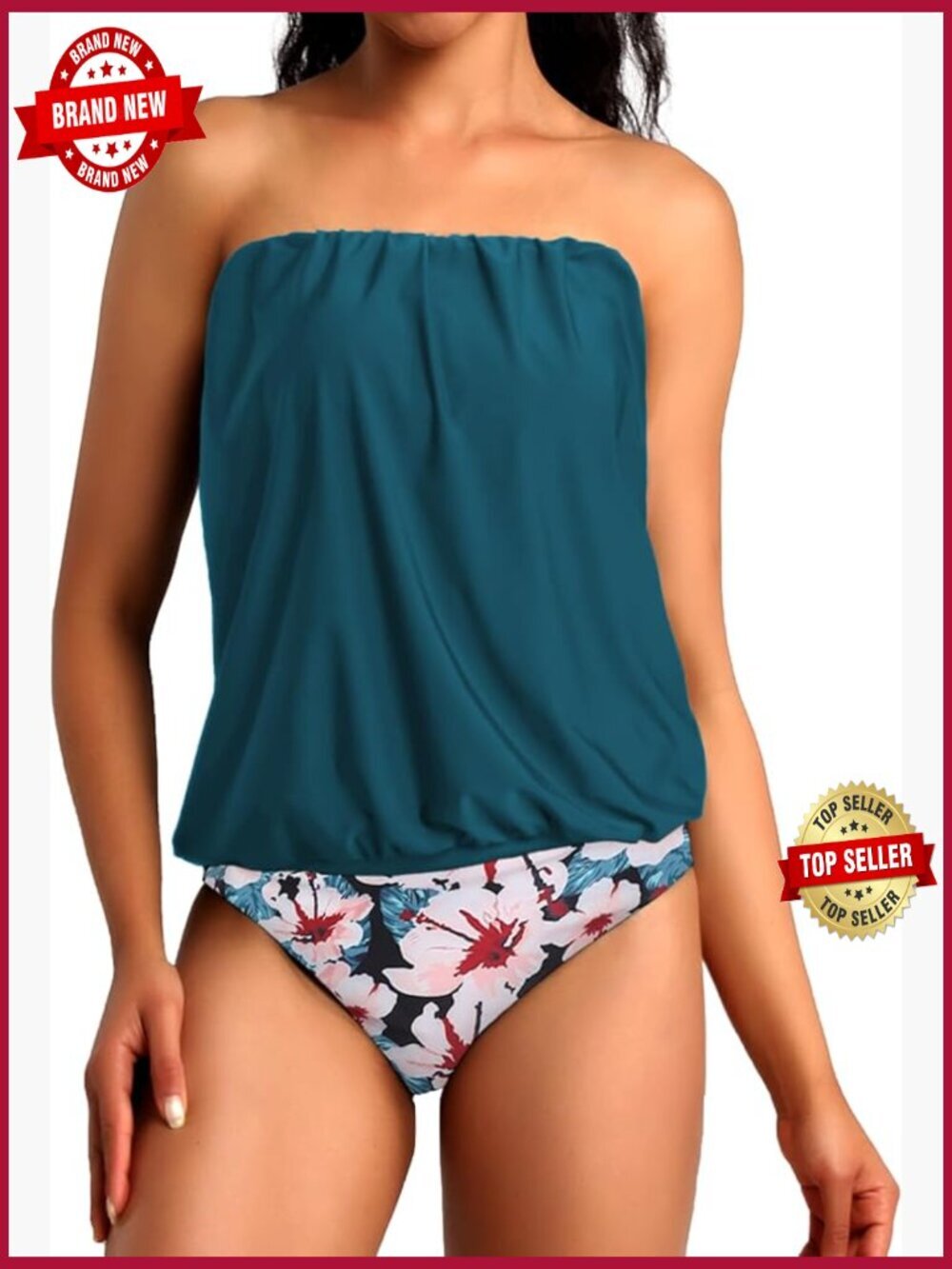 Two Piece Bandeau Tankini Swimsuits Women Loose Blouson Swim Top Tummy Control